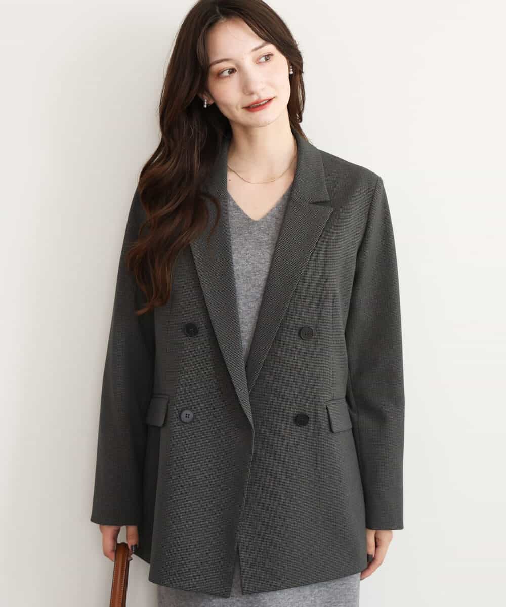 FKDAG55250 MK MICHEL KLEIN(MK ミッシェルクラン) [洗える/イージーケア/抗ピリング/ナチュラルストレッチ]ダブルブレストジャケット（チェック柄） ダークグレー