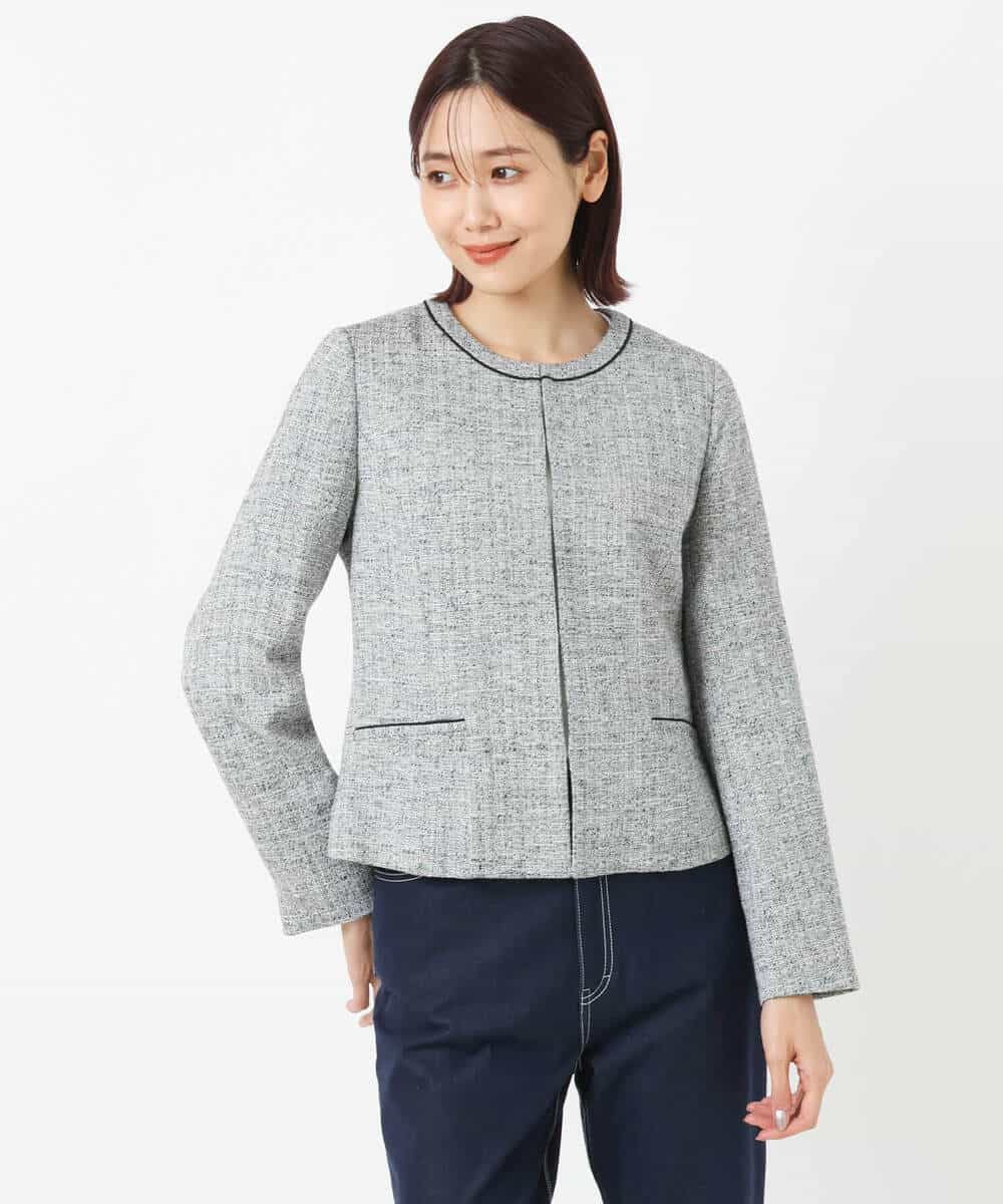 FKDDS91230 MK MICHEL KLEIN(MK ミッシェルクラン) ノーカラーラメツイードジャケット/洗える グレー