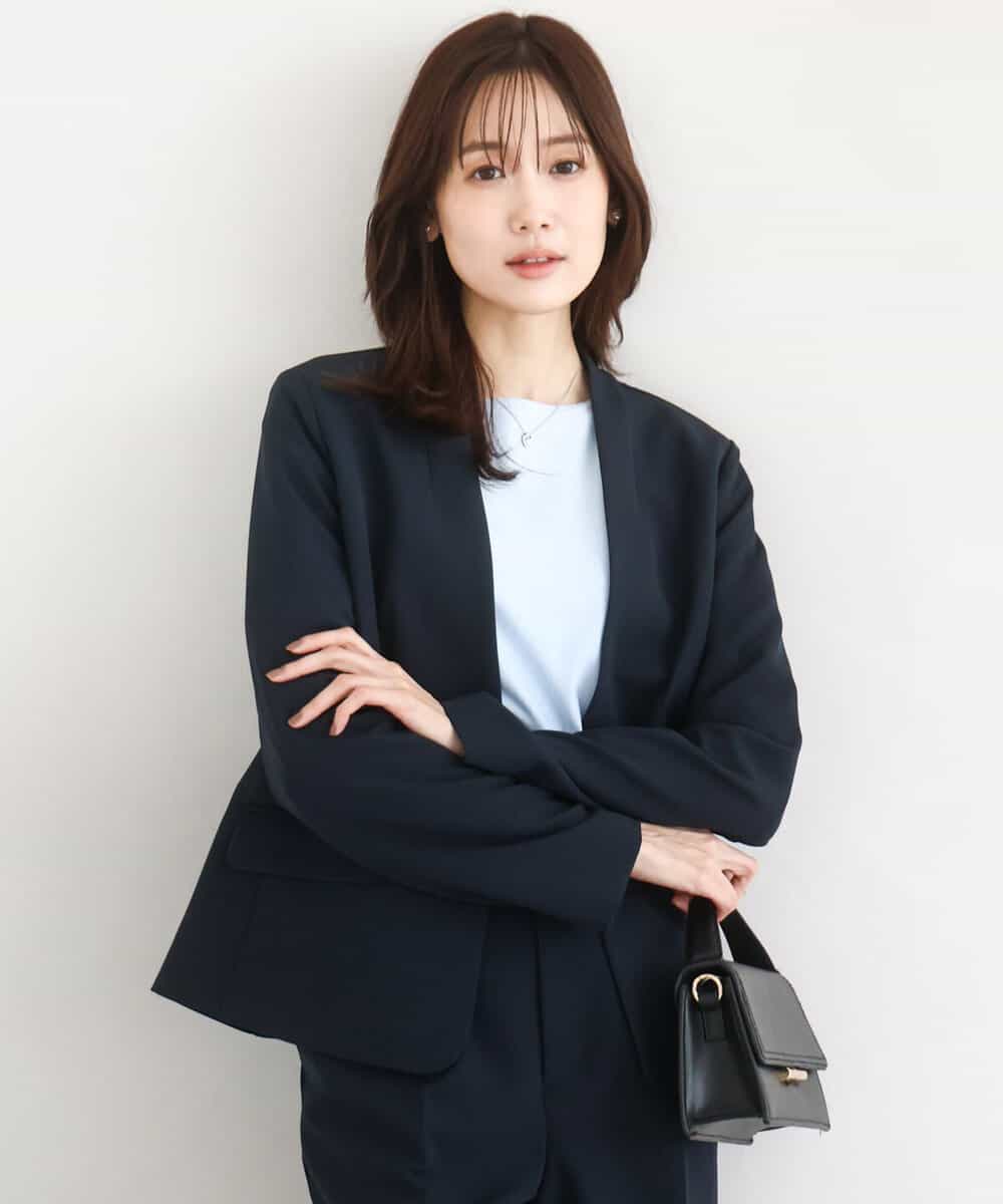 FKDFD10230 MK MICHEL KLEIN(MK ミッシェルクラン) ダブルクロス カラーレスジャケット/セットアップ対応/洗える ネイビー