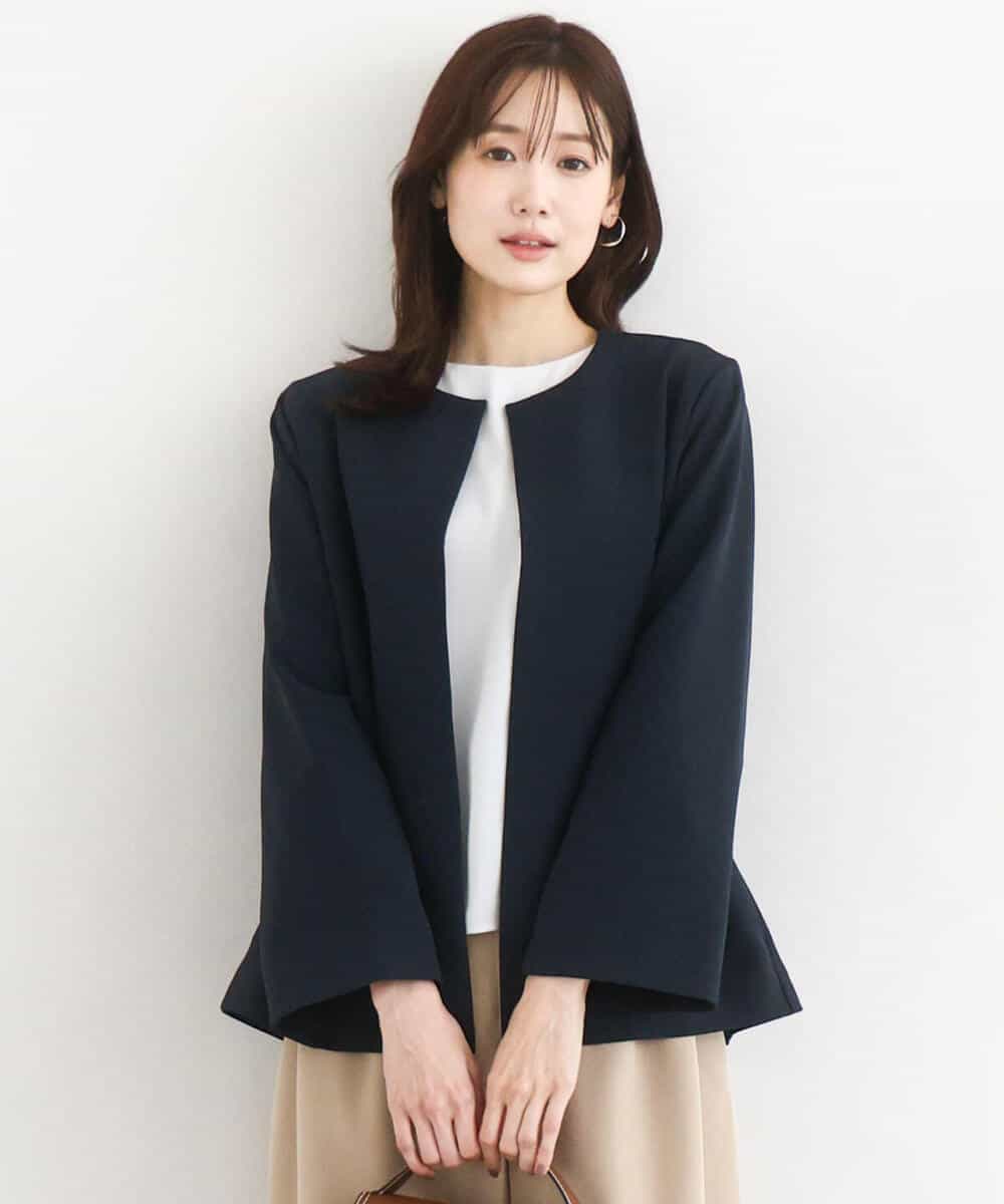 FKDFD11230 MK MICHEL KLEIN(MK ミッシェルクラン) ダブルクロス テントラインノーカラージャケット/セットアップ対応/防シワ/ストレッチ/洗える グレージュ