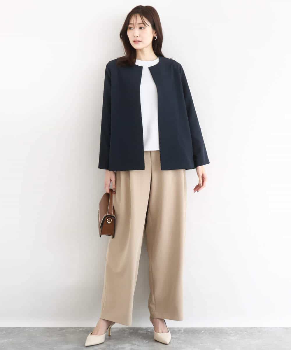 FKDFD11230 MK MICHEL KLEIN(MK ミッシェルクラン) ダブルクロス テントラインノーカラージャケット/セットアップ対応/防シワ/ストレッチ/洗える グレージュ