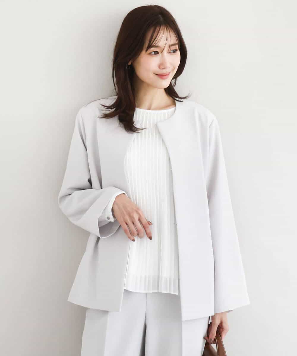 FKDFD11230 MK MICHEL KLEIN(MK ミッシェルクラン) ダブルクロス テントラインノーカラージャケット/セットアップ対応/防シワ/ストレッチ/洗える グレージュ