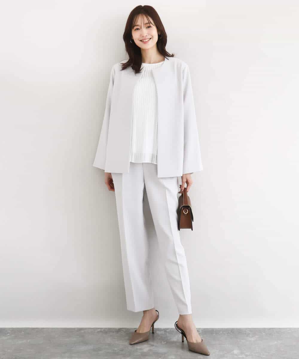 FKDFD11230 MK MICHEL KLEIN(MK ミッシェルクラン) ダブルクロス テントラインノーカラージャケット/セットアップ対応/防シワ/ストレッチ/洗える グレージュ