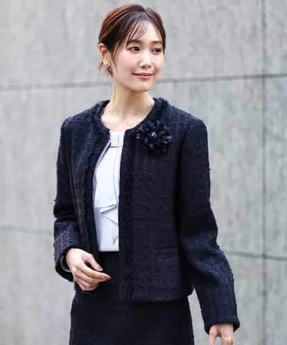 FKDFD65330  ノーカラーファンシーツイードジャケット/セットアップ対応/洗える