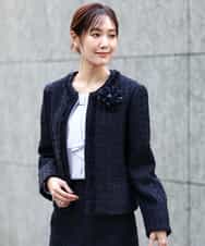 FKDFD65330 MK MICHEL KLEIN(MK ミッシェルクラン) ノーカラーファンシーツイードジャケット/セットアップ対応/洗える ネイビー