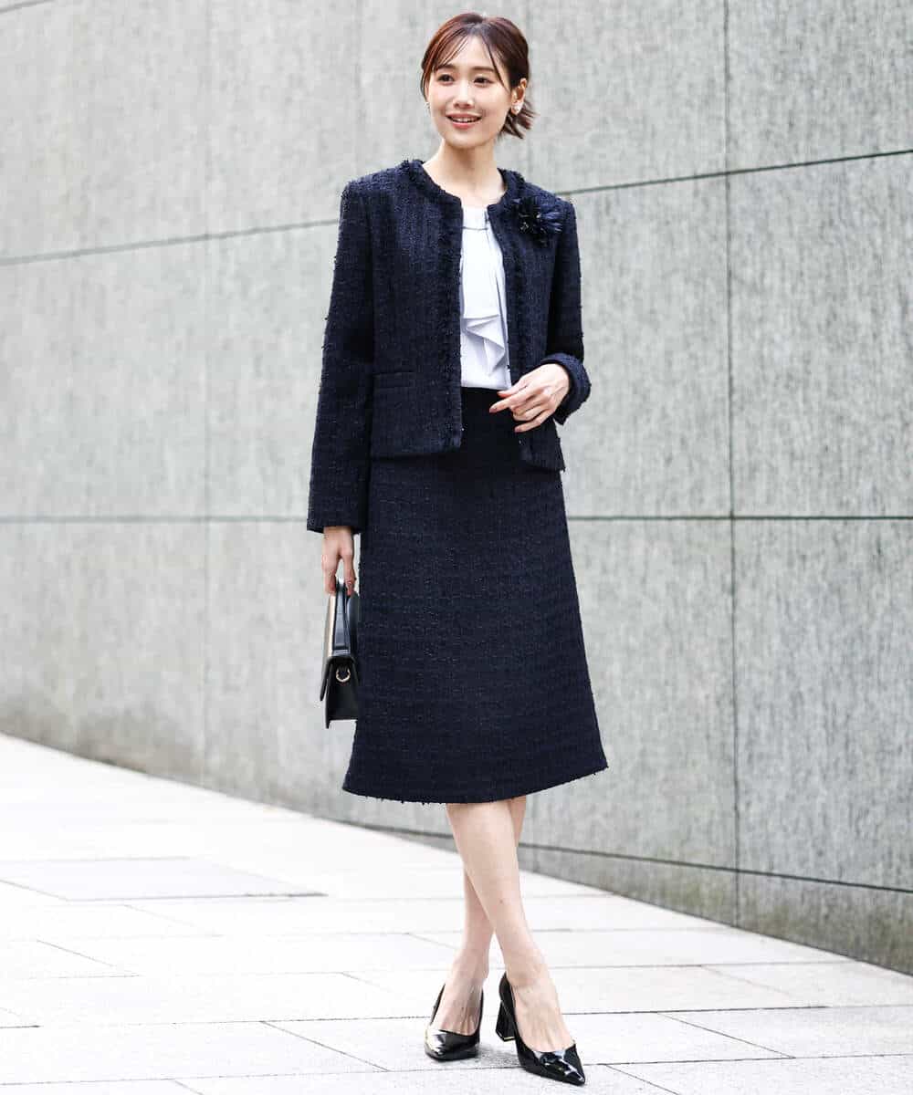 FKDFD65330 MK MICHEL KLEIN(MK ミッシェルクラン) ノーカラーファンシーツイードジャケット/セットアップ対応/洗える アイボリー