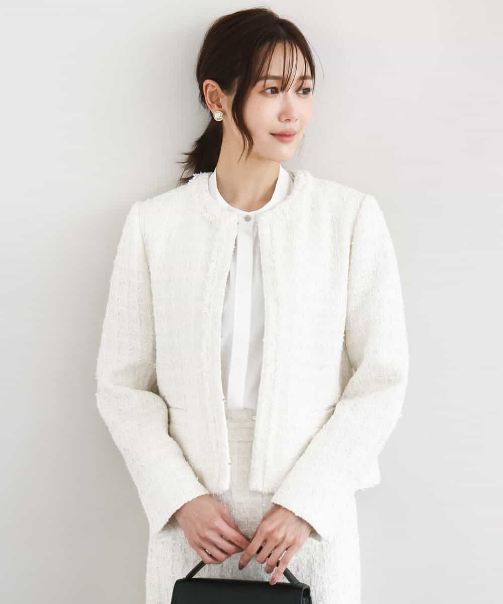 FKDFD65330 MK MICHEL KLEIN(MK ミッシェルクラン) ノーカラーファンシーツイードジャケット/セットアップ対応/洗える アイボリー