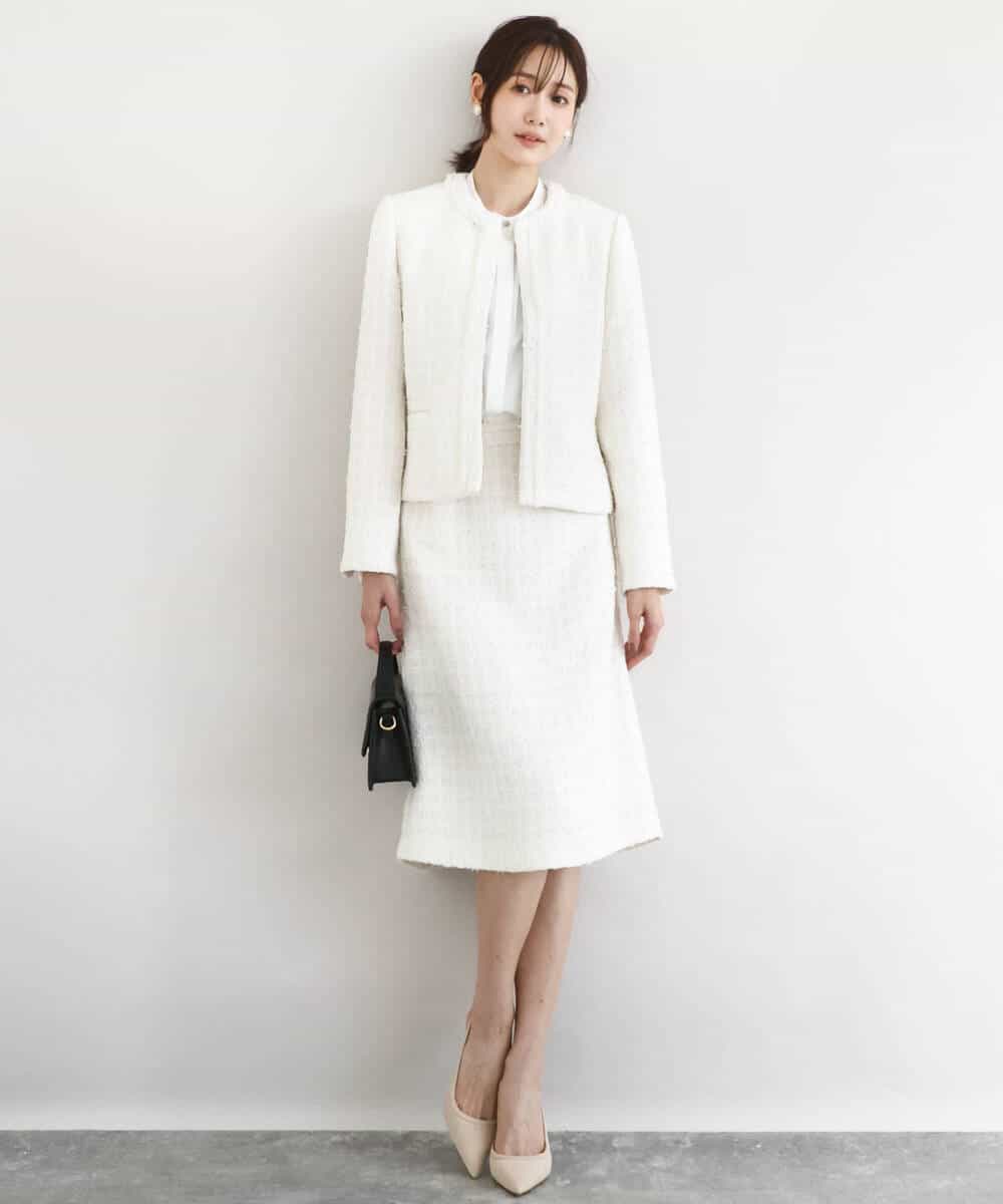 FKDFD65330 MK MICHEL KLEIN(MK ミッシェルクラン) ノーカラーファンシーツイードジャケット/セットアップ対応/洗える アイボリー