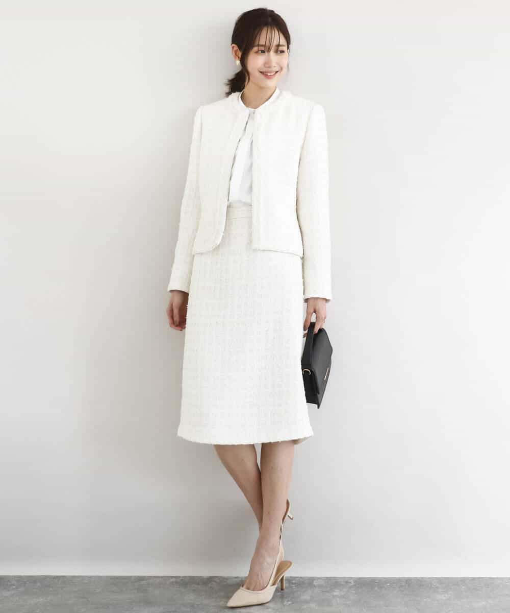 FKDFD65330 MK MICHEL KLEIN(MK ミッシェルクラン) ノーカラーファンシーツイードジャケット/セットアップ対応/洗える アイボリー