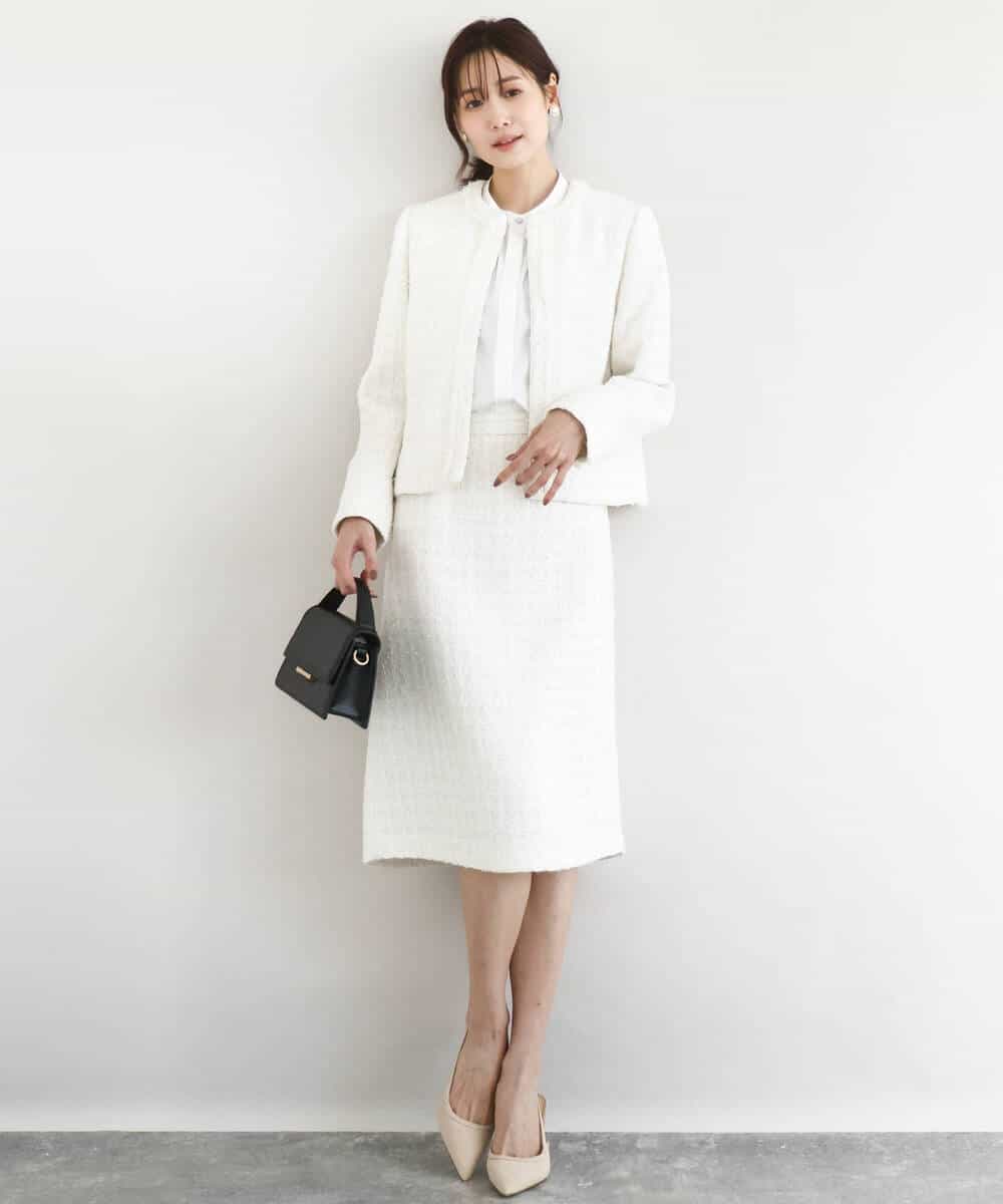 FKDFD65330 MK MICHEL KLEIN(MK ミッシェルクラン) ノーカラーファンシーツイードジャケット/セットアップ対応/洗える アイボリー