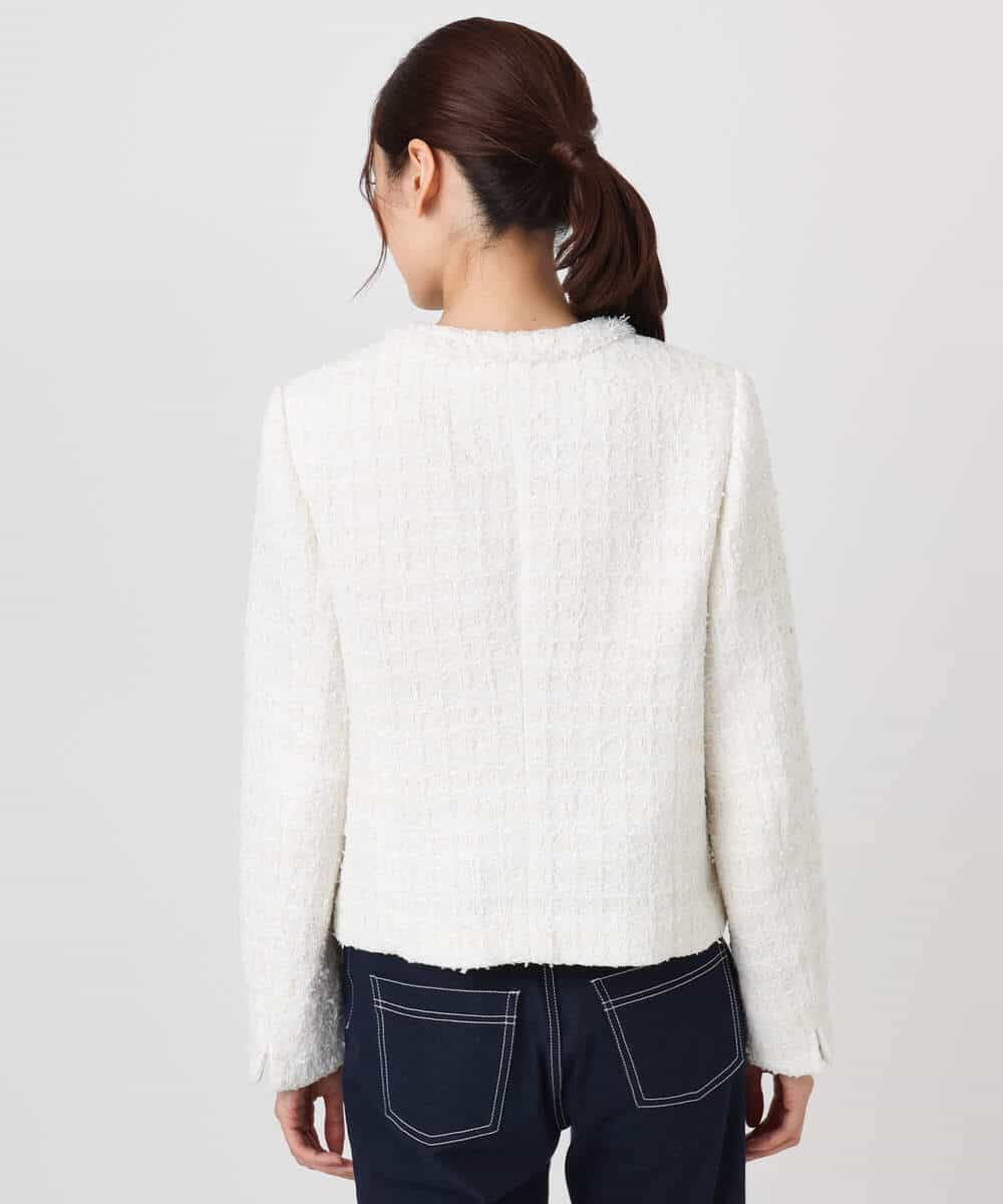 FKDFD65330 MK MICHEL KLEIN(MK ミッシェルクラン) ノーカラーファンシーツイードジャケット/セットアップ対応/洗える アイボリー