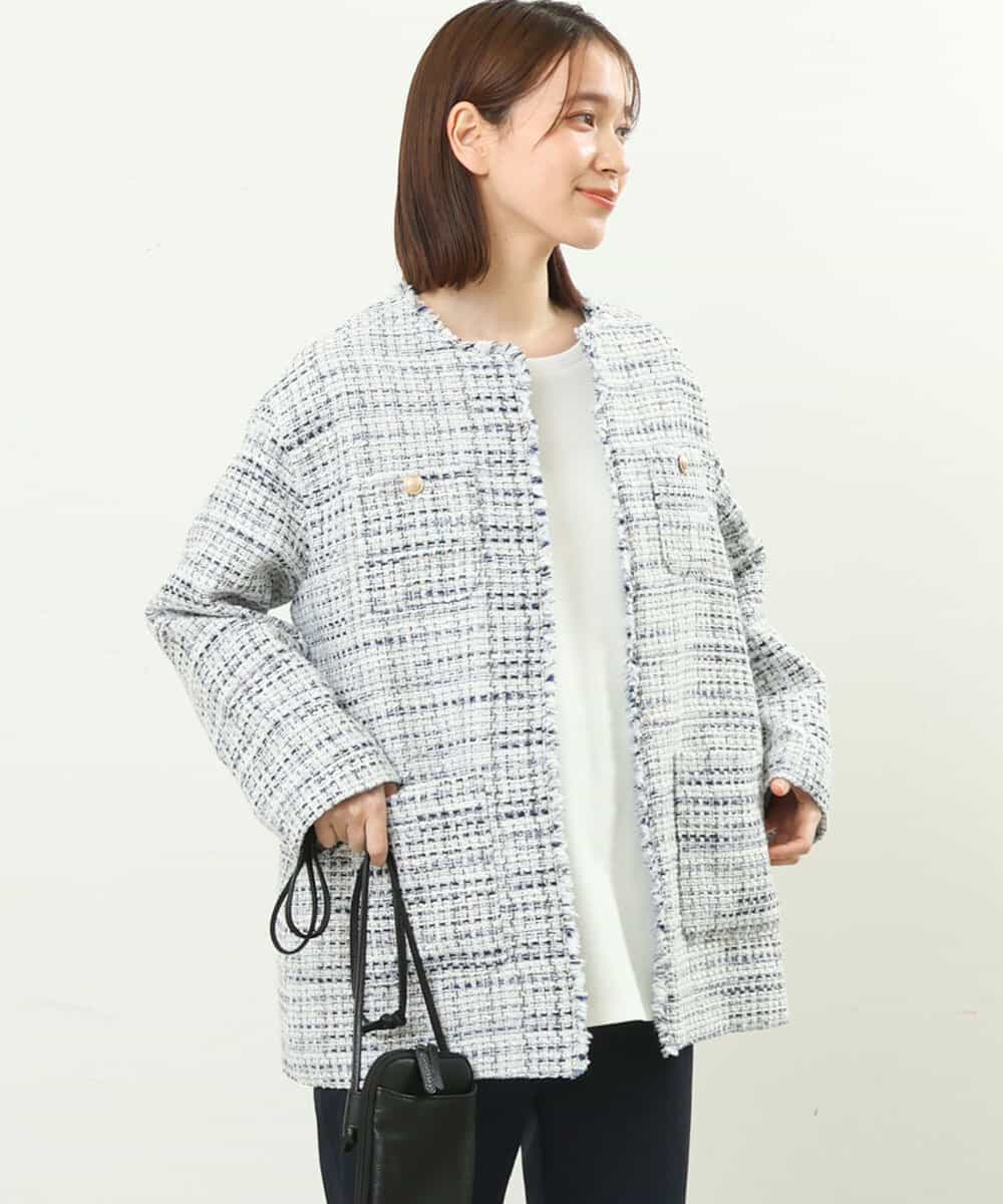 FKDFS22330 MK MICHEL KLEIN(MK ミッシェルクラン) ミックスツイードノーカラージャケット/洗える ライトブルー