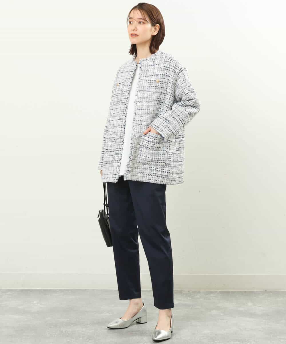 FKDFS22330 MK MICHEL KLEIN(MK ミッシェルクラン) ミックスツイードノーカラージャケット/洗える ライトブルー