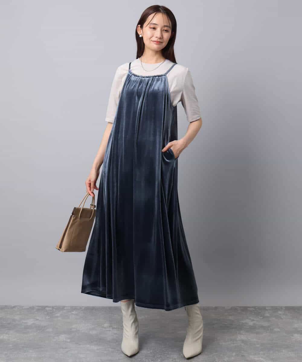 FKEAD31200 MK MICHEL KLEIN(MK ミッシェルクラン) スノーベロア ショルダーストラップワンピース/洗える ブルー