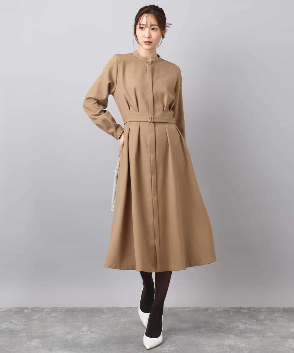 FKEBD57230 MK MICHEL KLEIN(MK ミッシェルクラン) ウエストタックデザインワンピース/洗える キャメル