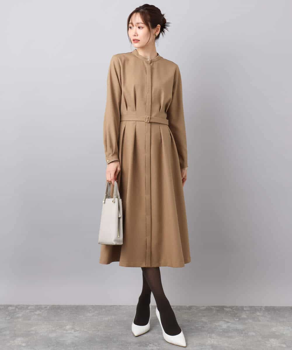 FKEBD57230 MK MICHEL KLEIN(MK ミッシェルクラン) ウエストタックデザインワンピース/洗える キャメル