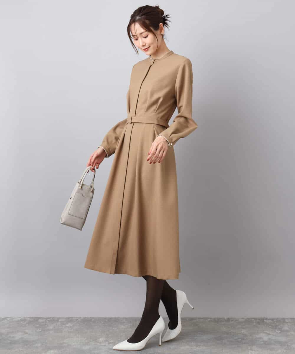 FKEBD57230 MK MICHEL KLEIN(MK ミッシェルクラン) ウエストタックデザインワンピース/洗える キャメル