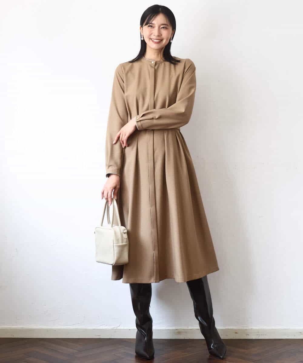 FKEBD57230 MK MICHEL KLEIN(MK ミッシェルクラン) ウエストタックデザインワンピース/洗える キャメル