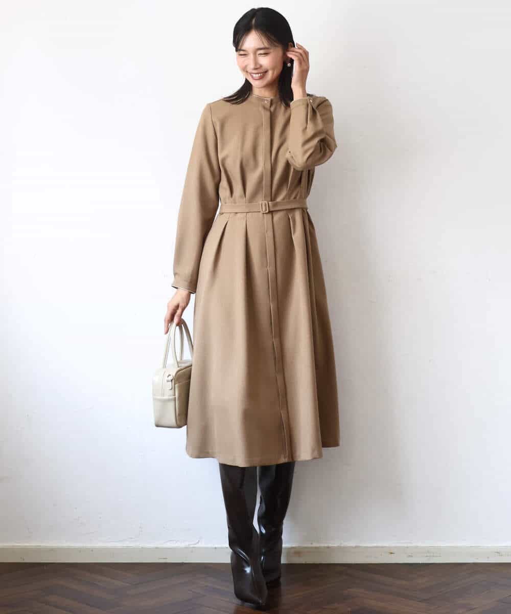 FKEBD57230 MK MICHEL KLEIN(MK ミッシェルクラン) ウエストタックデザインワンピース/洗える キャメル