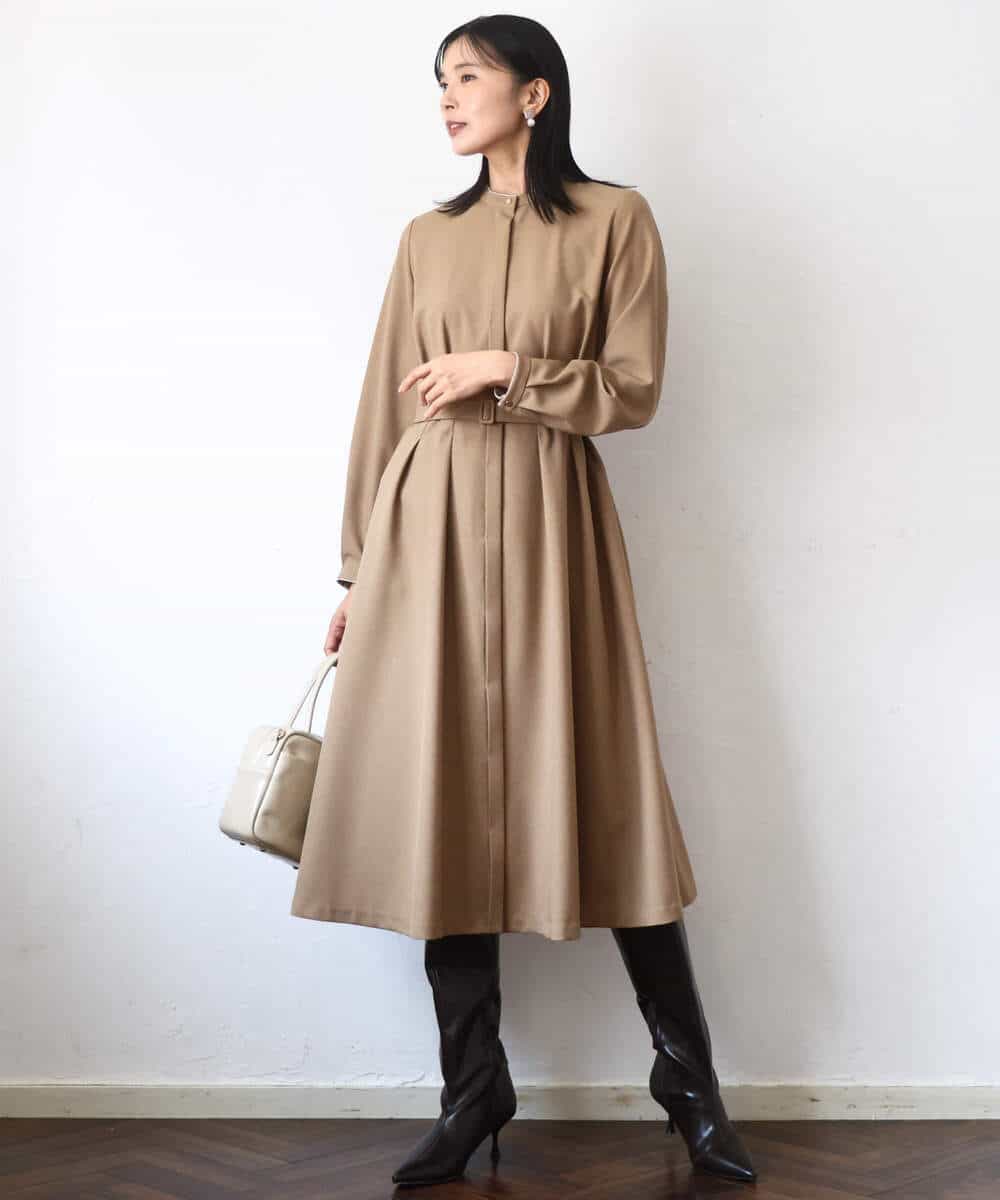 FKEBD57230 MK MICHEL KLEIN(MK ミッシェルクラン) ウエストタックデザインワンピース/洗える キャメル