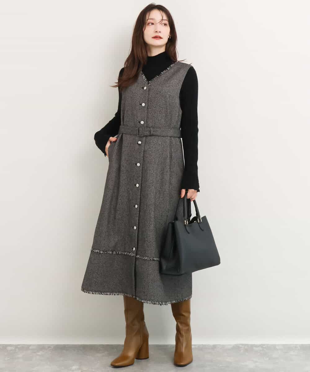 FKEDG72270 MK MICHEL KLEIN(MK ミッシェルクラン) [洗える]ツイードVネックジャンパースカート ブラック
