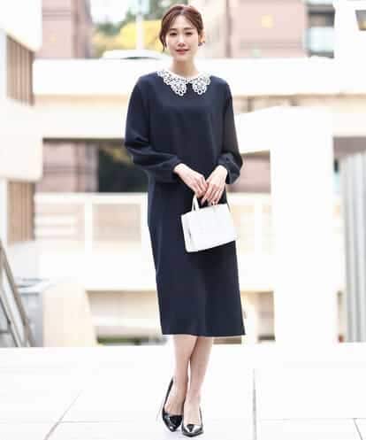 FKEFD13230  レース衿付きサックワンピース/防シワ/洗える