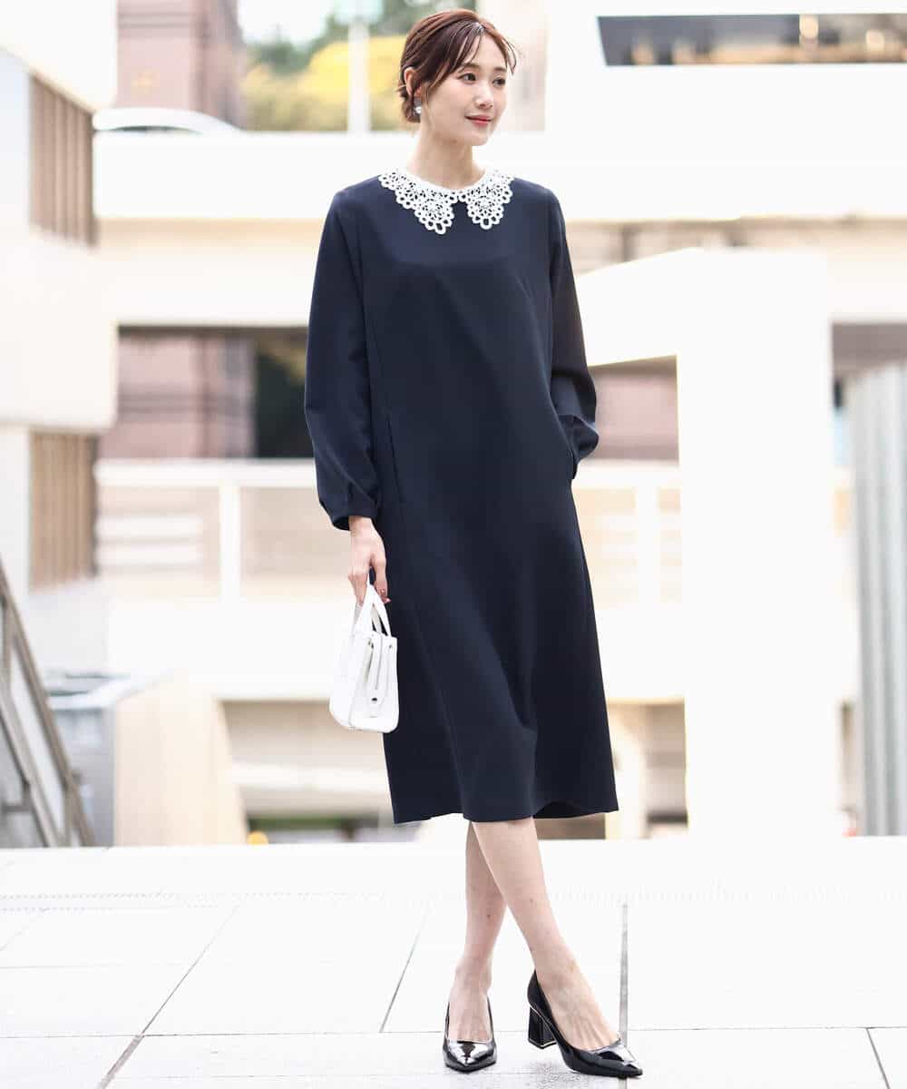FKEFD13230 MK MICHEL KLEIN(MK ミッシェルクラン) レース衿付きサックワンピース/防シワ/洗える ネイビー