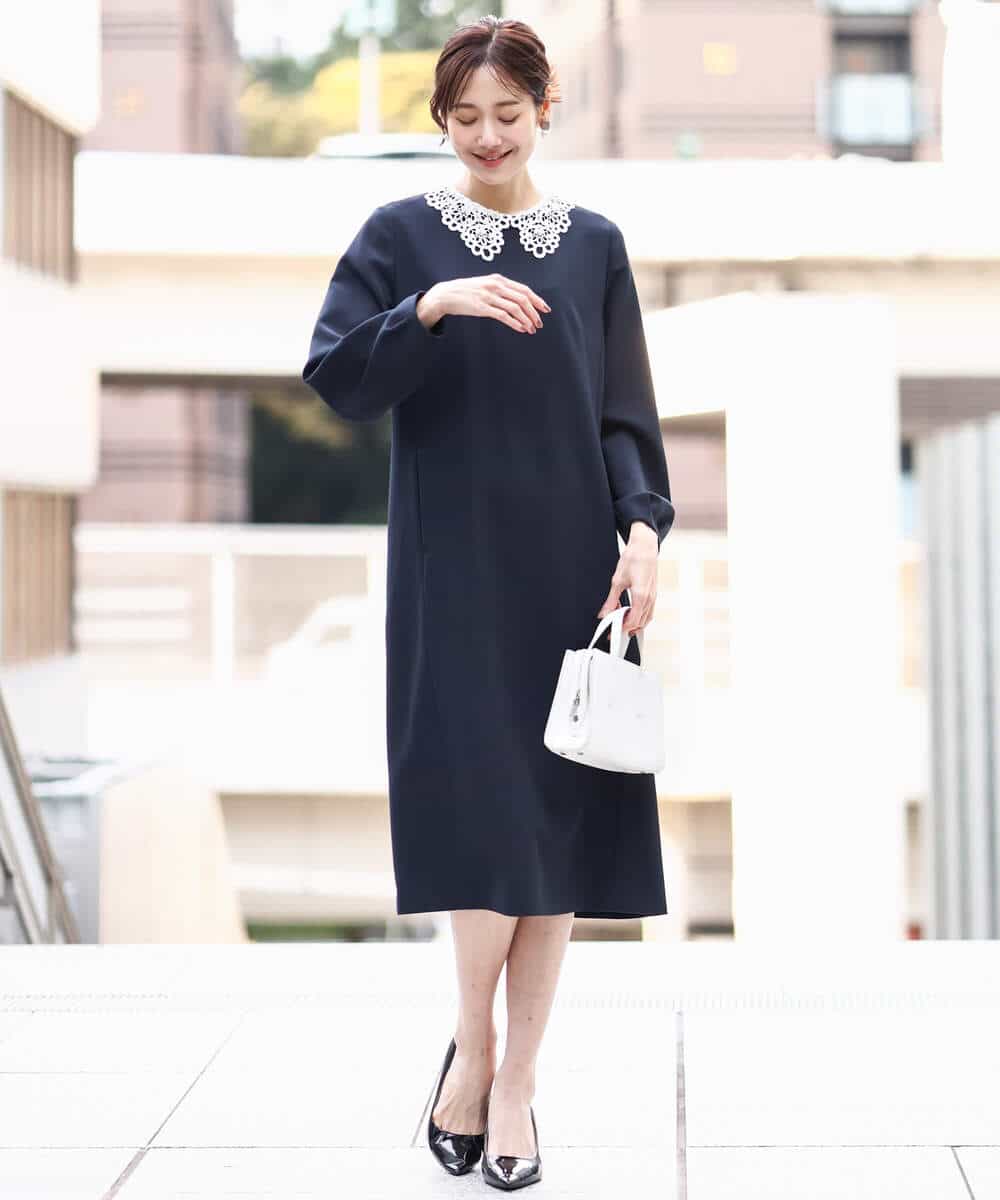 FKEFD13230 MK MICHEL KLEIN(MK ミッシェルクラン) レース衿付きサックワンピース/防シワ/洗える ネイビー