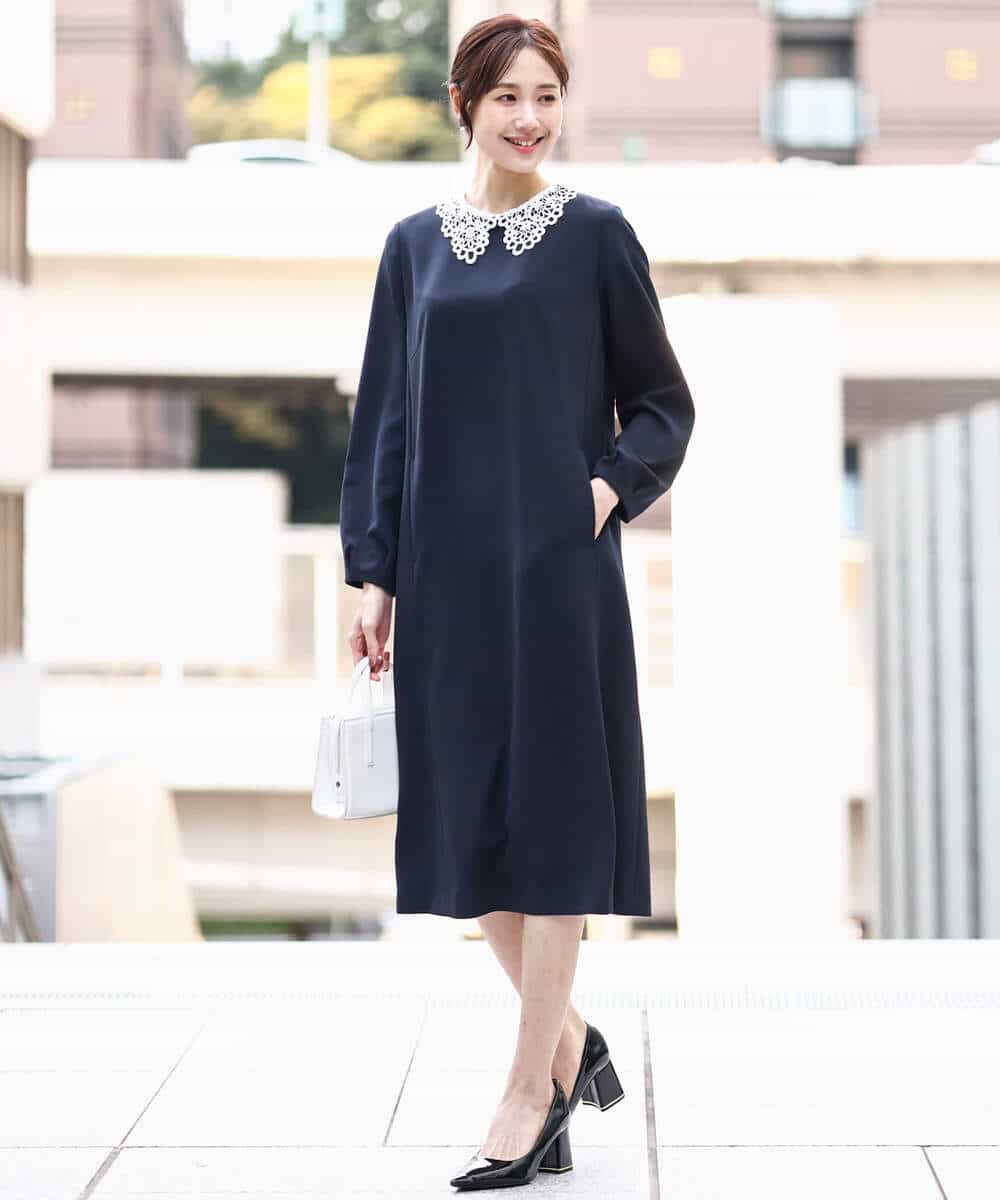 FKEFD13230 MK MICHEL KLEIN(MK ミッシェルクラン) レース衿付きサックワンピース/防シワ/洗える ネイビー