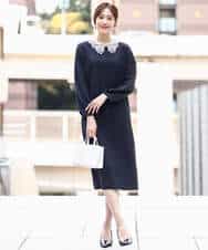 FKEFD13230 MK MICHEL KLEIN(MK ミッシェルクラン) レース衿付きサックワンピース/防シワ/洗える ネイビー