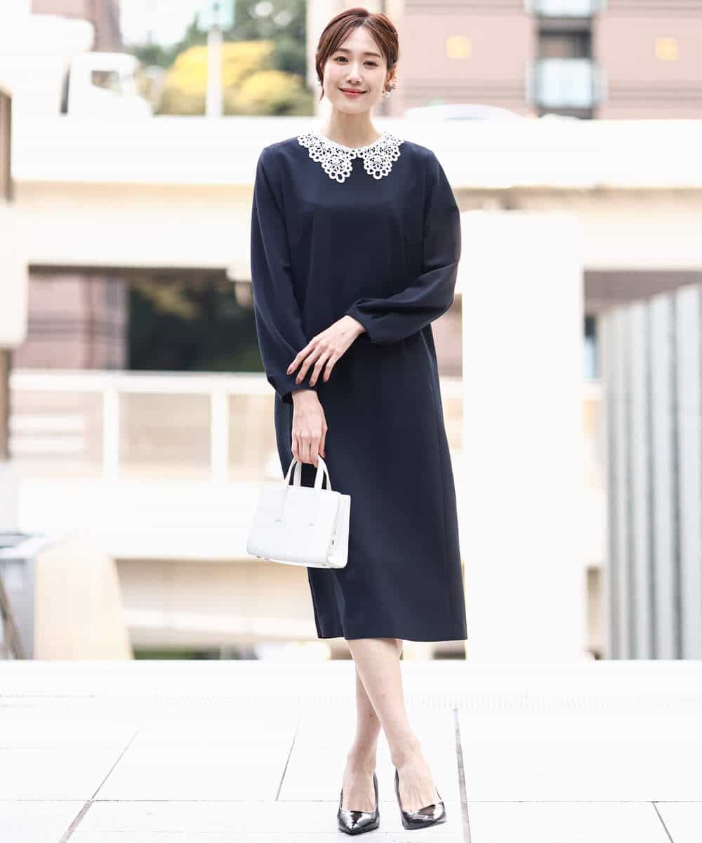 FKEFD13230 MK MICHEL KLEIN(MK ミッシェルクラン) レース衿付きサックワンピース/防シワ/洗える ネイビー