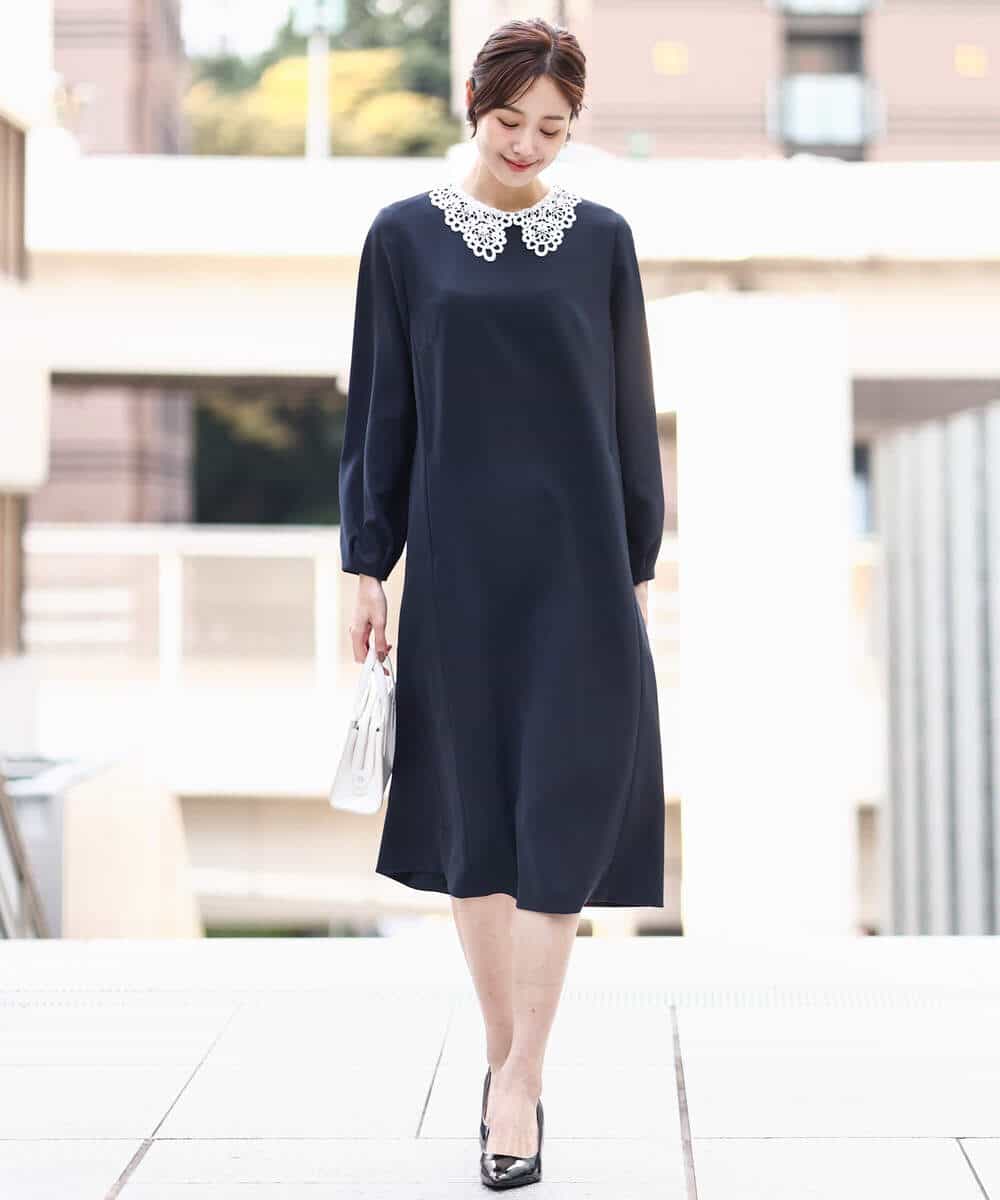 FKEFD13230 MK MICHEL KLEIN(MK ミッシェルクラン) レース衿付きサックワンピース/防シワ/洗える ネイビー