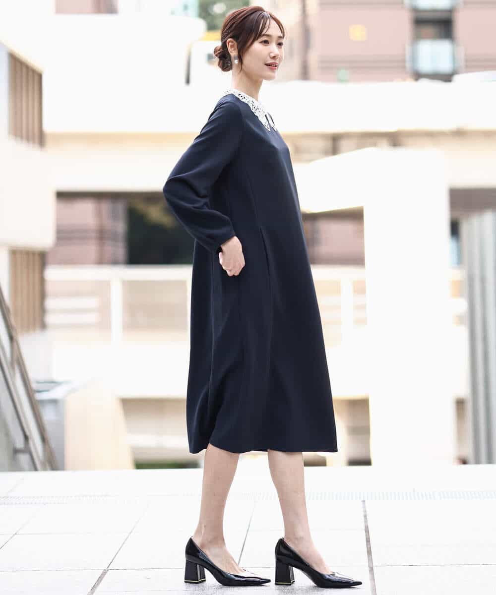 FKEFD13230 MK MICHEL KLEIN(MK ミッシェルクラン) レース衿付きサックワンピース/防シワ/洗える ネイビー