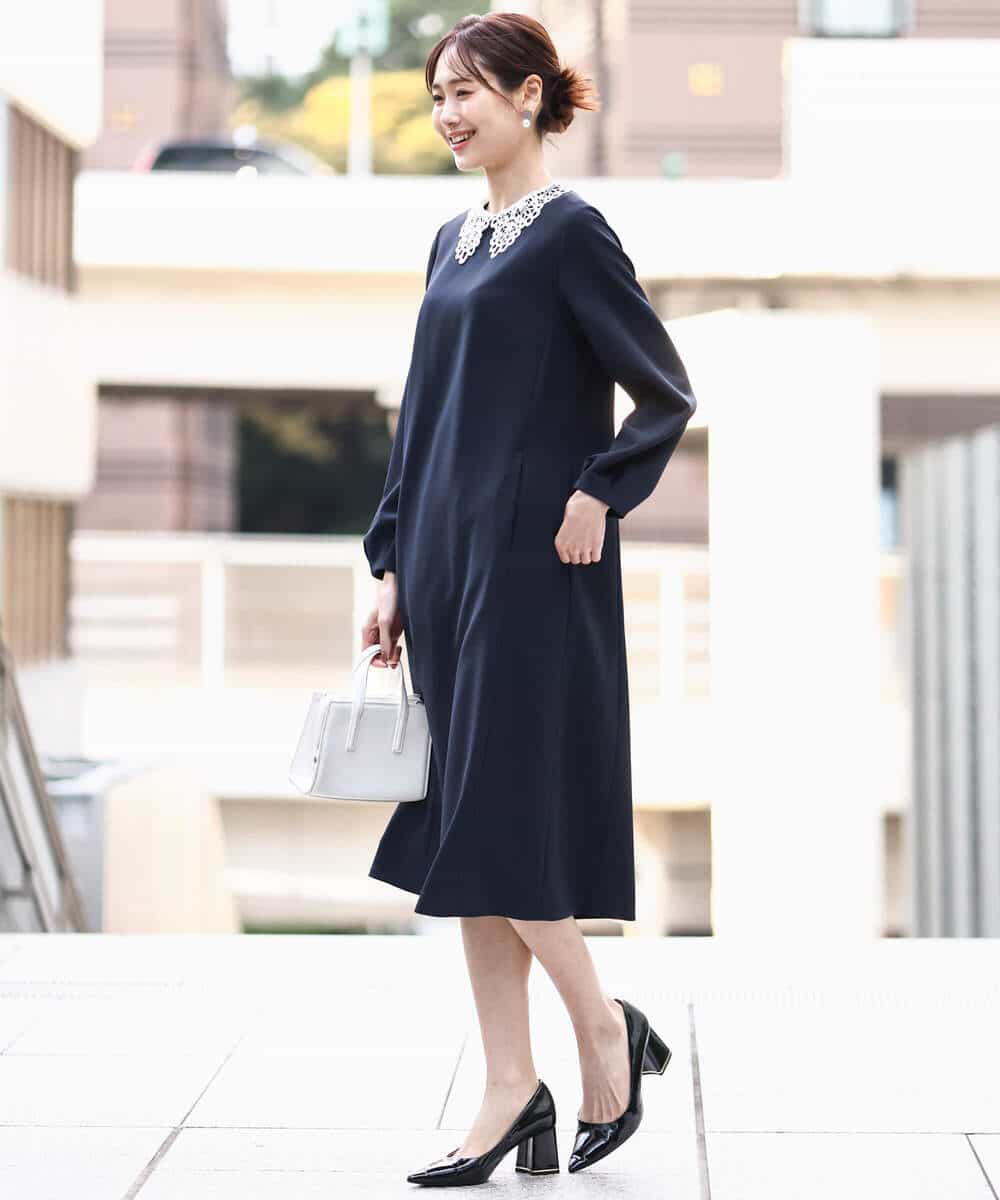 FKEFD13230 MK MICHEL KLEIN(MK ミッシェルクラン) レース衿付きサックワンピース/防シワ/洗える ネイビー