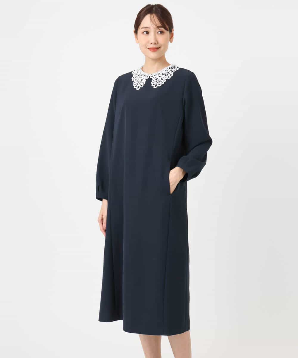 FKEFD13230 MK MICHEL KLEIN(MK ミッシェルクラン) レース衿付きサックワンピース/防シワ/洗える ネイビー