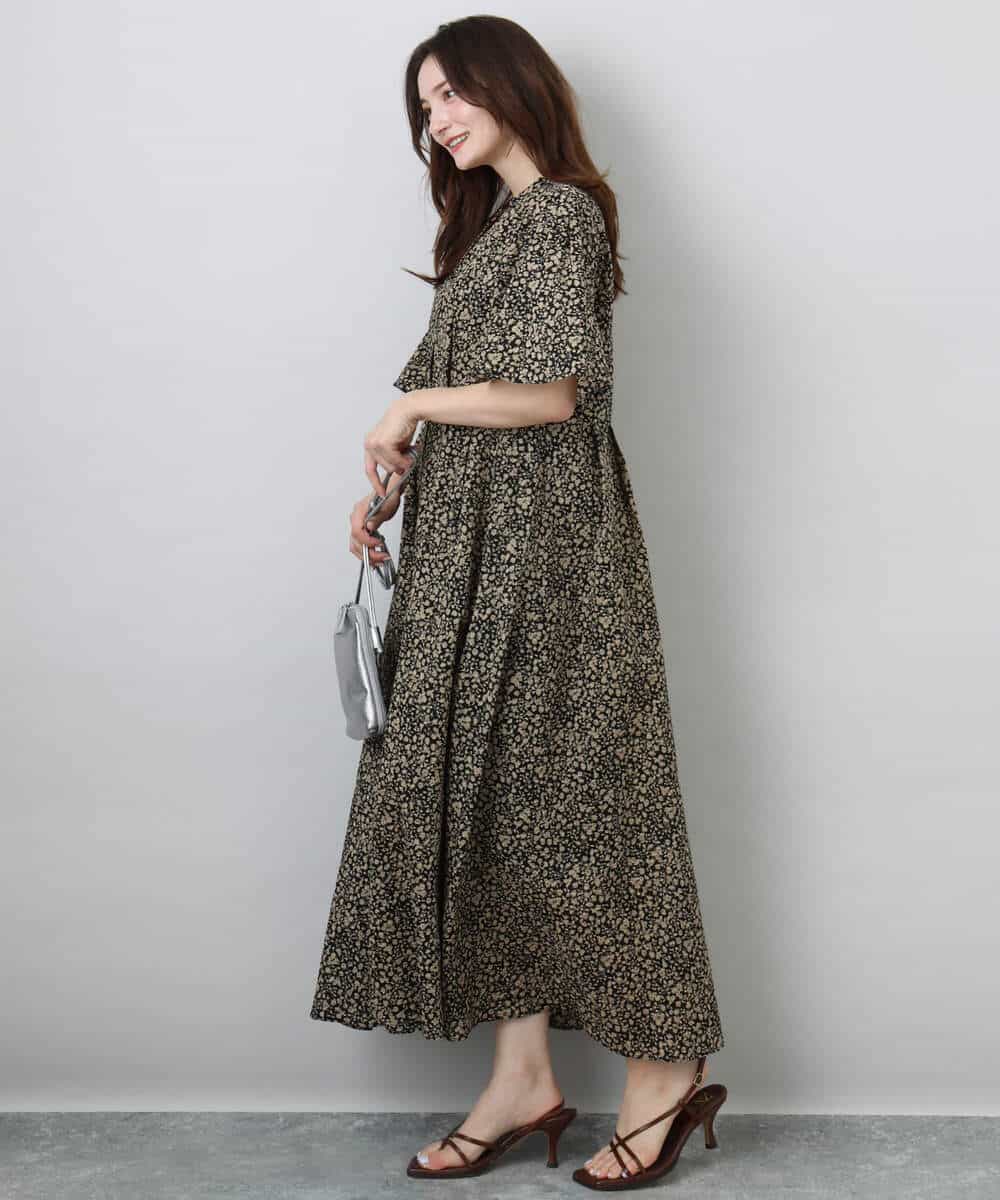 FKEGA50230 MK MICHEL KLEIN(MK ミッシェルクラン) キーネックコットンワンピース/洗える モカ（柄）