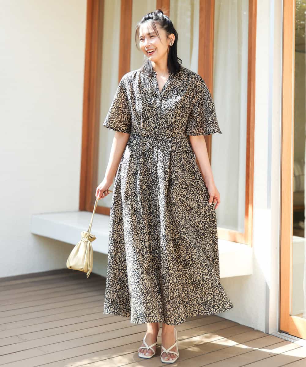 FKEGA50230 MK MICHEL KLEIN(MK ミッシェルクラン) キーネックコットンワンピース/洗える モカ（柄）