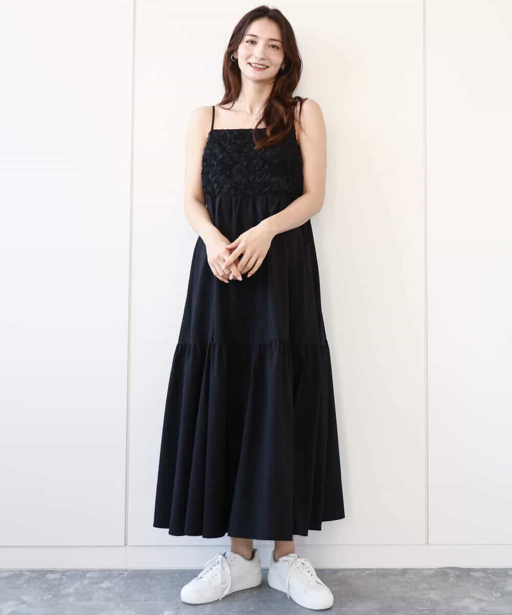 FKEGA51230 MK MICHEL KLEIN(MK ミッシェルクラン) フラワー3D刺繍ティアードキャミワンピース/洗える ブラック