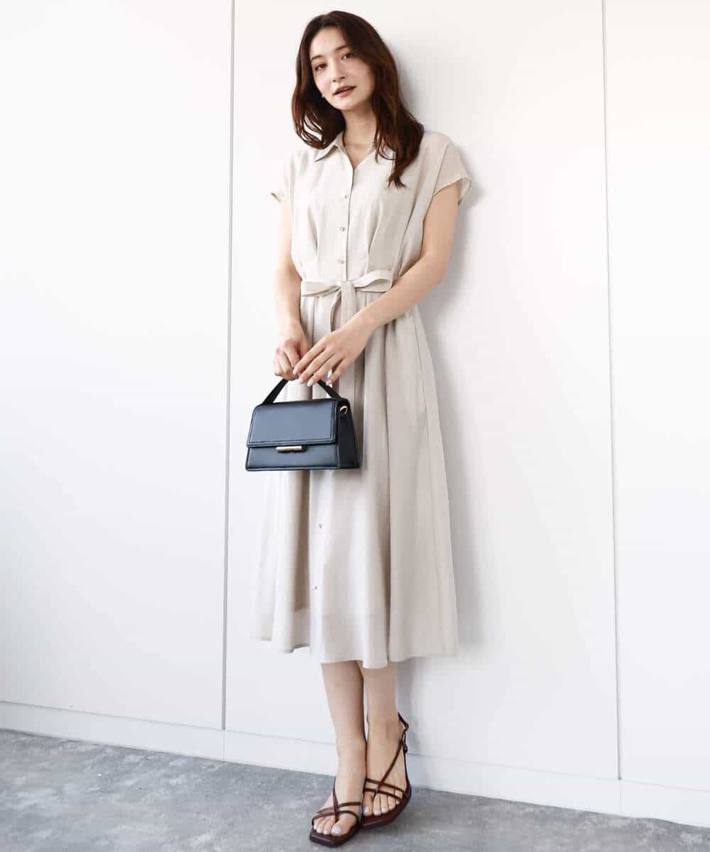 FKEGA58200 MK MICHEL KLEIN(MK ミッシェルクラン) ベルト付きフレンチスリーブワンピース/洗える ベージュ