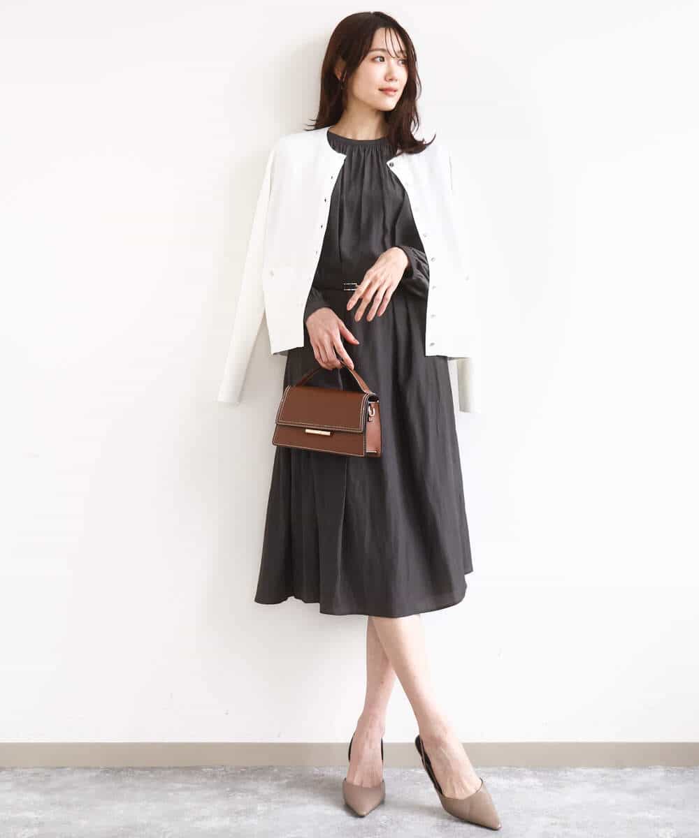 FKEGD26210 MK MICHEL KLEIN(MK ミッシェルクラン) サテンギャザーワンピース/洗える ダークグレー