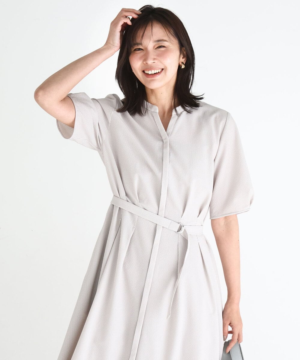 FKEGD38210 MK MICHEL KLEIN(MK ミッシェルクラン) サッカーストライプ ウエストタックワンピース/洗える ベージュ