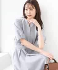 FKEGD38210 MK MICHEL KLEIN(MK ミッシェルクラン) サッカーストライプ ウエストタックワンピース/洗える ネイビー