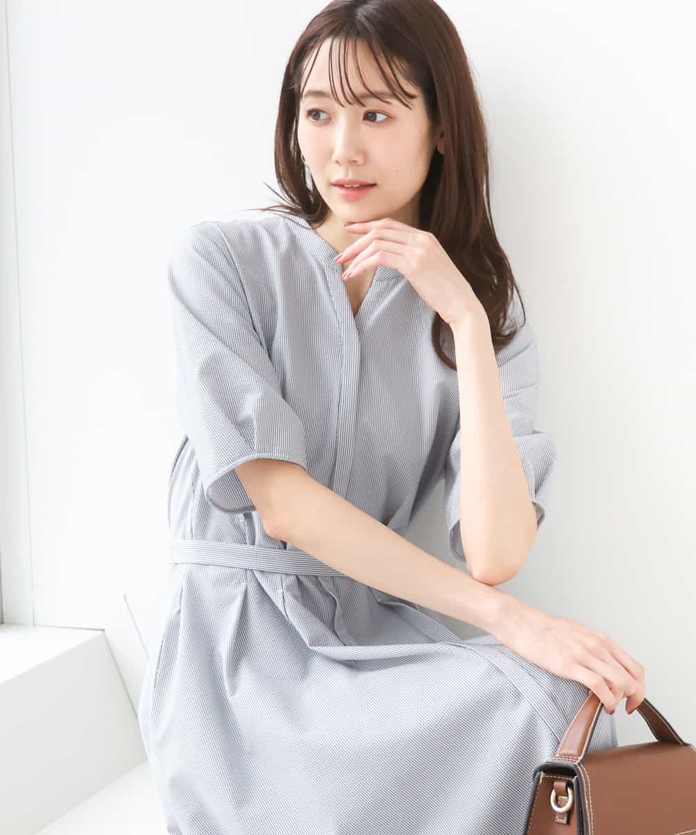 FKEGD38210 MK MICHEL KLEIN(MK ミッシェルクラン) サッカーストライプ ウエストタックワンピース/洗える ネイビー