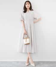 FKEGD38210 MK MICHEL KLEIN(MK ミッシェルクラン) サッカーストライプ ウエストタックワンピース/洗える ネイビー