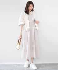 FKEGD38210 MK MICHEL KLEIN(MK ミッシェルクラン) サッカーストライプ ウエストタックワンピース/洗える ネイビー