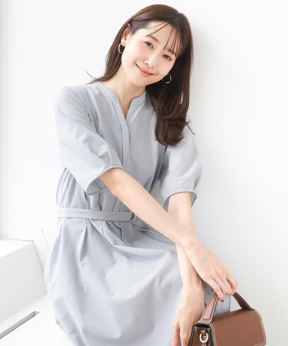 FKEGD38210 MK MICHEL KLEIN(MK ミッシェルクラン) サッカーストライプ ウエストタックワンピース/洗える ネイビー