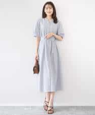 FKEGD38210 MK MICHEL KLEIN(MK ミッシェルクラン) サッカーストライプ ウエストタックワンピース/洗える ネイビー