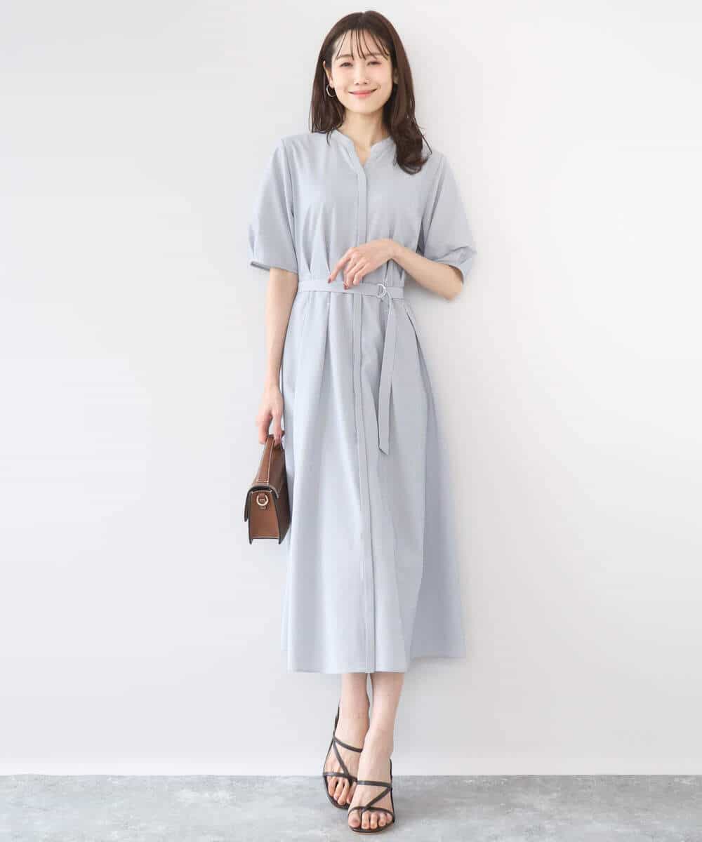 FKEGD38210 MK MICHEL KLEIN(MK ミッシェルクラン) サッカーストライプ ウエストタックワンピース/洗える ネイビー