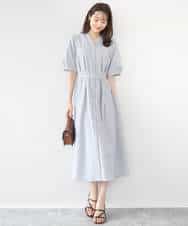 FKEGD38210 MK MICHEL KLEIN(MK ミッシェルクラン) サッカーストライプ ウエストタックワンピース/洗える ネイビー