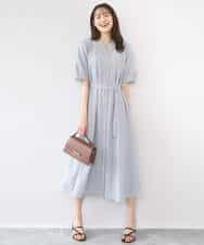 FKEGD38210 MK MICHEL KLEIN(MK ミッシェルクラン) サッカーストライプ ウエストタックワンピース/洗える ネイビー